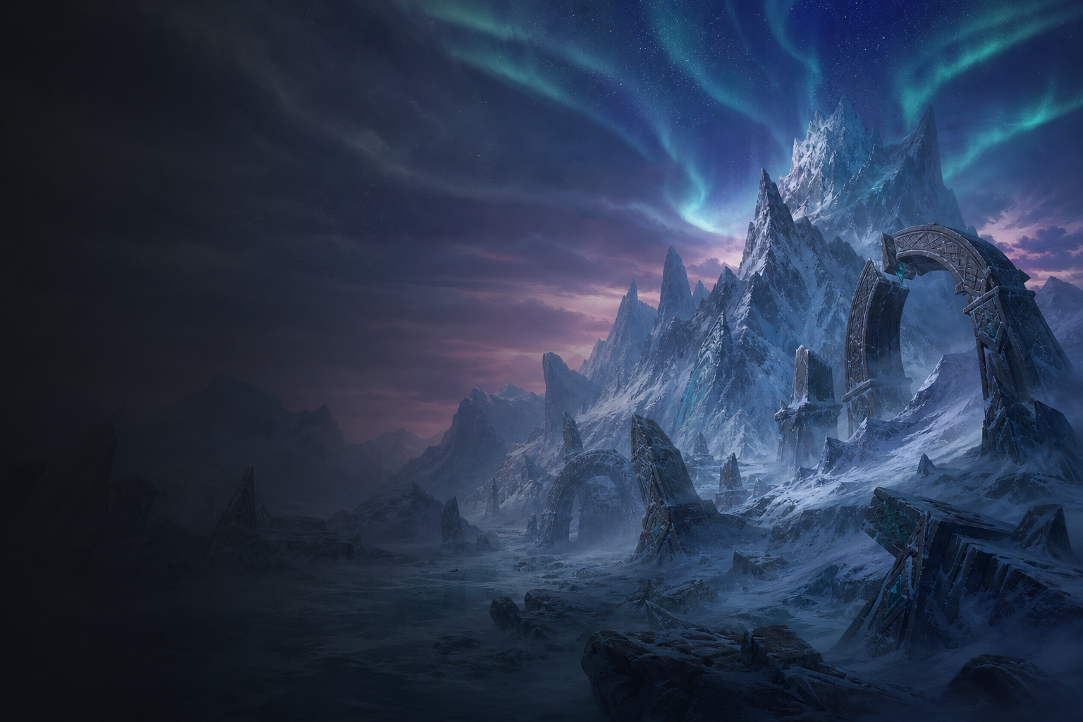 Storm Peaks mountain vista evoking the three progression eras